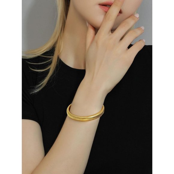 Women Gold Stainless Steel Stretch Flexible Wide Wristband Bangle Chain Bracelet - Picture 6 of 9